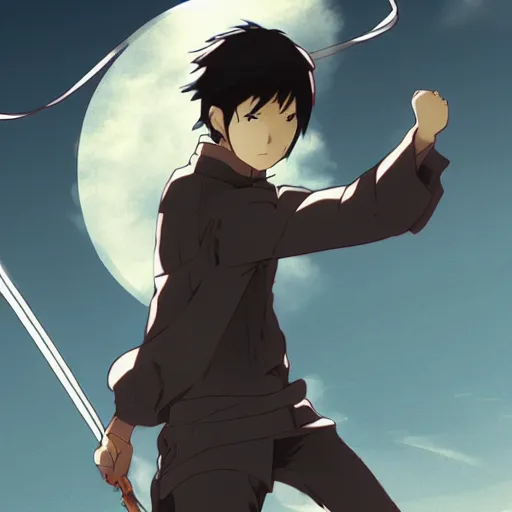 Image similar to fencer, anime style, dark, makoto shinkai, animated, animation, detailed, illustration, moody