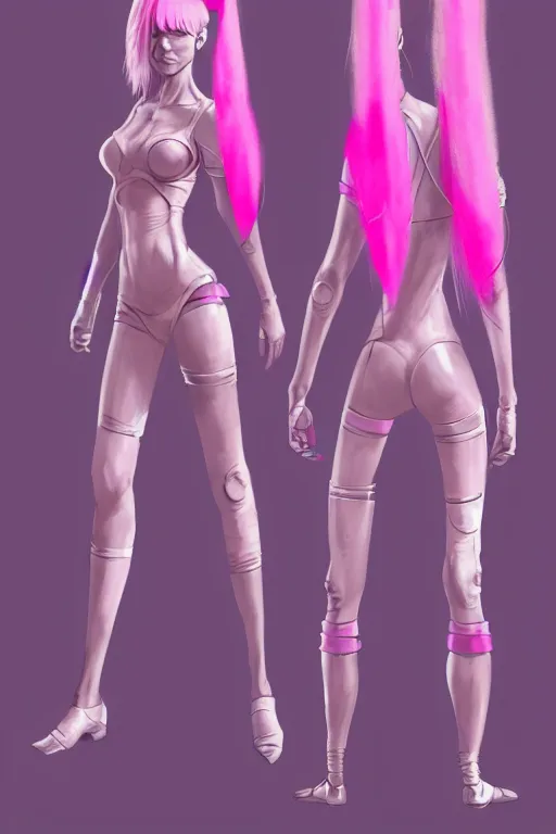 Prompt: character sheet for a pink haired female for demobaza futuristic fashion impact by craig mullins, by studio ghibli, digital art, trending on artstation, hd, 8 k, highly detailed, good lighting, beautiful, masterpiece