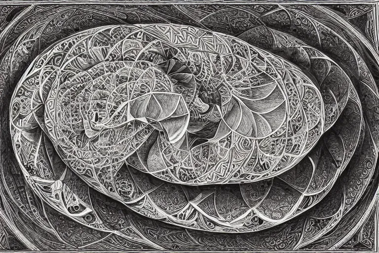 Image similar to an ornate illustration in the styles of mandalas and fractals, the styles of escher and penrose, depicting a weasel staring deep into the heart of the impossible all - and - nothing of the emerging singularity ; / what has god wrought? / he seems to be whispering.