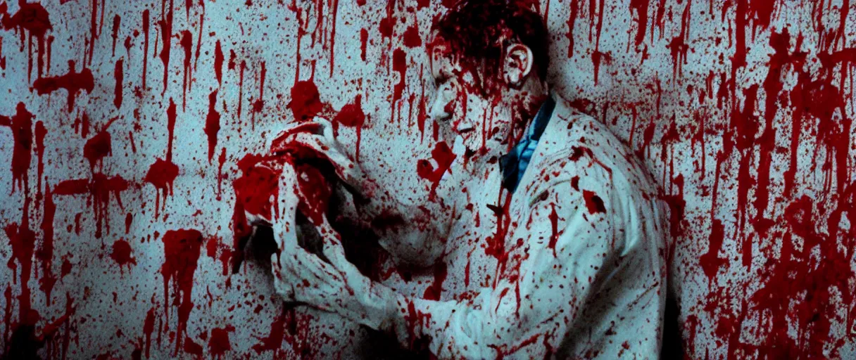 Image similar to filmic wide shot angle movie still 35mm film color photograph of a decapitated doctor with blood spewing from his neck and splattered blood all over the walls in a science lab in the style of a 1982 horror film