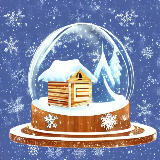 Image similar to A snowglobe with a broken wooden chair and falling snow inside of the snowglobe. Illustration