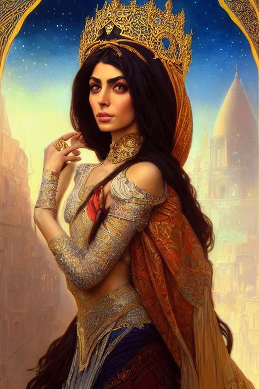 Image similar to Beautiful portrait of an attractive Persian Princess who is an architect, beautiful princess, face painting, persian architecture, dramatic lighting, intricate, wild, highly detailed, digital painting, artstation, concept art, smooth, sharp focus, illustration, art by artgerm and greg rutkowski and alphonse mucha, footage from space camera