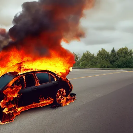 Image similar to Car on fire, on its roof, photo realistic, award winning