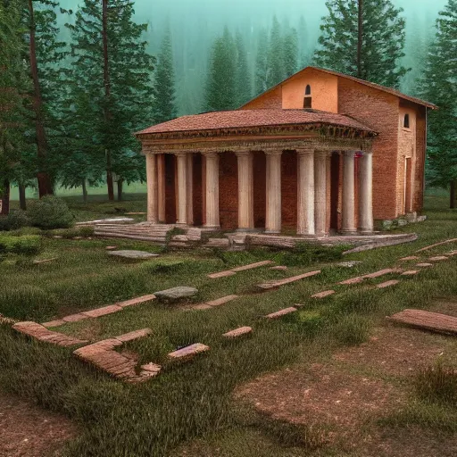 Image similar to a beautiful roman villa in middle of a misty pine forest, 3d rendered, artstation, digital art, 4k