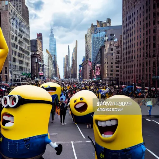 Prompt: news photo of giant minion parade floats in the sky in new york city, detailed 4 k photo