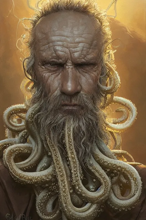 Image similar to portrait of an old fisherman with tentacles growing on him, eldritch, d & d, face, fantasy, intricate, elegant, highly detailed, digital painting, artstation, concept art, smooth, sharp focus, illustration, art by greg rutkowski