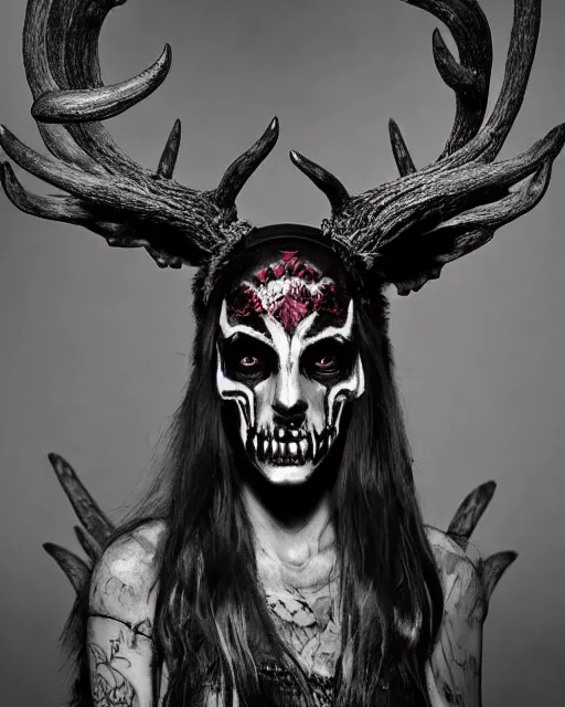 Image similar to deer - skull sisters ghost - spirit of the grim - warpaint wears the scarlet skull armor and native blood headdress antlers, midnight fog - mist!, cinematic lighting, various refining methods, micro macro autofocus, ultra definition, award winning photo, photograph by ghostwave - gammell - giger - shadowlord