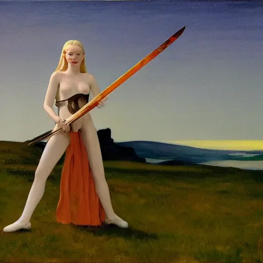 Prompt: Painting of Elle Fanning in knight armor with a flaming sword, long blonde hair, delicate, pale milky white porcelain skin, by Edward Hopper. 8K. Extremely detailed.