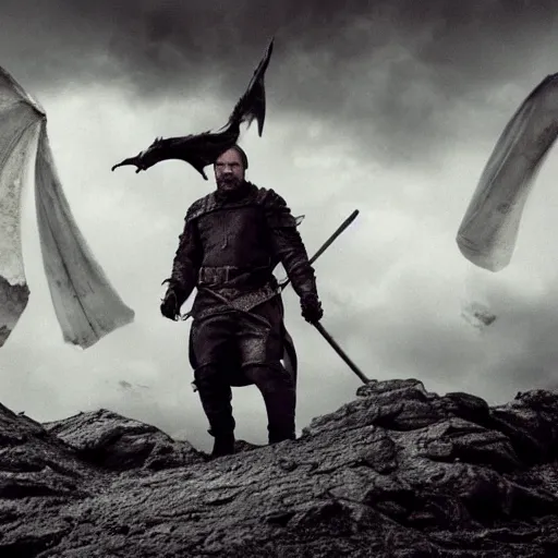 Prompt: Mads Mikkelsen slaying a dragon, heroic, medium shot