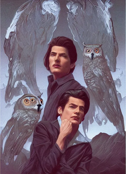 Image similar to twin peaks poster art, by michael whelan, rossetti bouguereau, artgerm, retro, nostalgic, old fashioned, 1 9 8 0 s teen horror novel cover, book, dale cooper, kyle mclaughlin, large owl wings wrap around dale cooper