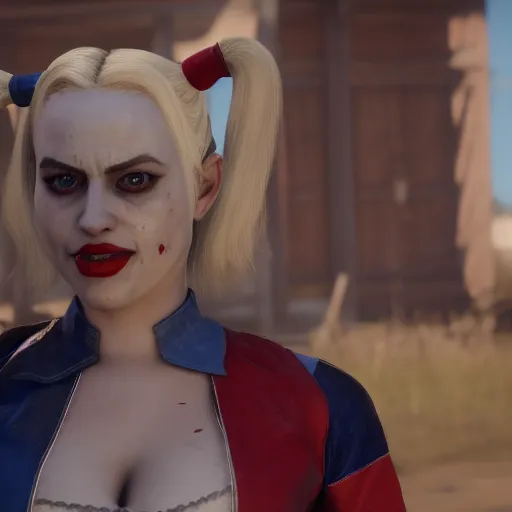 Prompt: Film still of Harley Quinn, from Red Dead Redemption 2 (2018 video game)