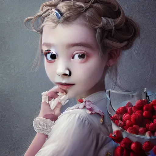 Prompt: the portrait of the absurdly beautiful, graceful, elegant, sophisticated, fashionable little girl made of strawberries and white petals looking down, an ultrafine hyperdetailed illustration by kim jung gi, irakli nadar, intricate linework, bright colors, octopath traveler, final fantasy, unreal engine 5 highly rendered, global illumination, radiant light, detailed and intricate environment