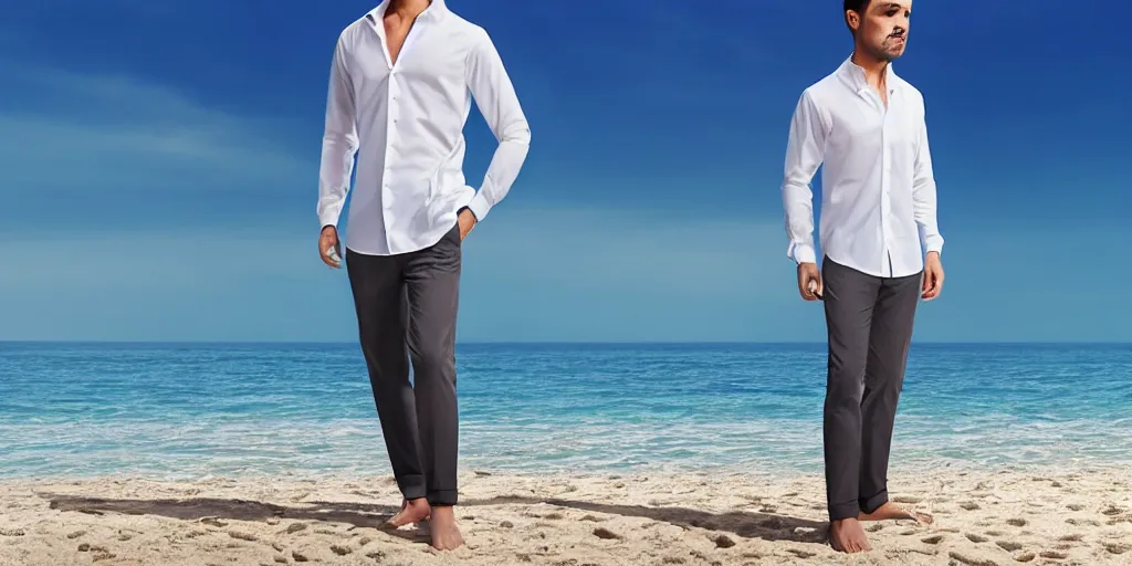 Image similar to a handsome guy is standing tall, in a beautiful shirt, with the beach, sea, sun, rays in the background? super detail, one character