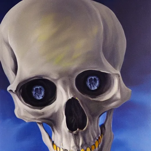 Image similar to skeleton with blue glowing eye, painting