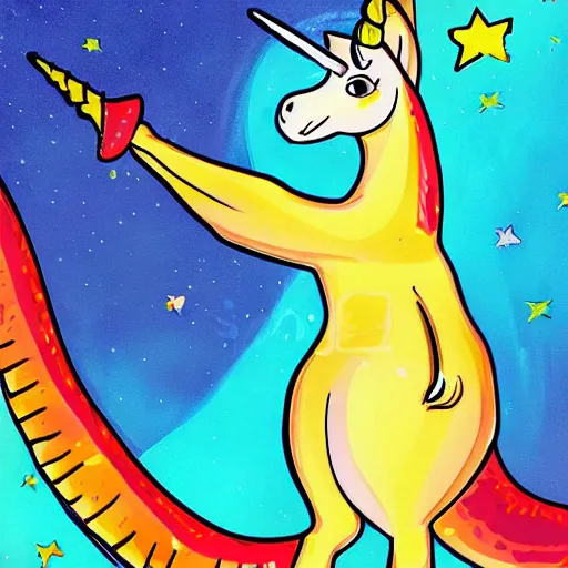 Image similar to unicorn dreaming of a trex on the moon, colorful, modern, disney, in style of pixar, highly detailed, sharp focus, digital painting