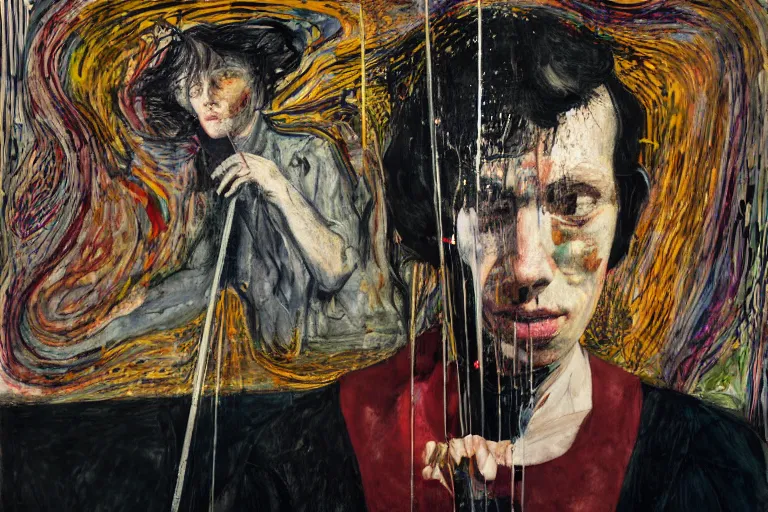 Image similar to portrait of a young cellist focusing with a background of hundreds of cellos by vincent lefevre and hernan bas and pat steir and hilma af klint, psychological, symmetrical face, dripping paint, rendered in octane, altermodern, masterpiece
