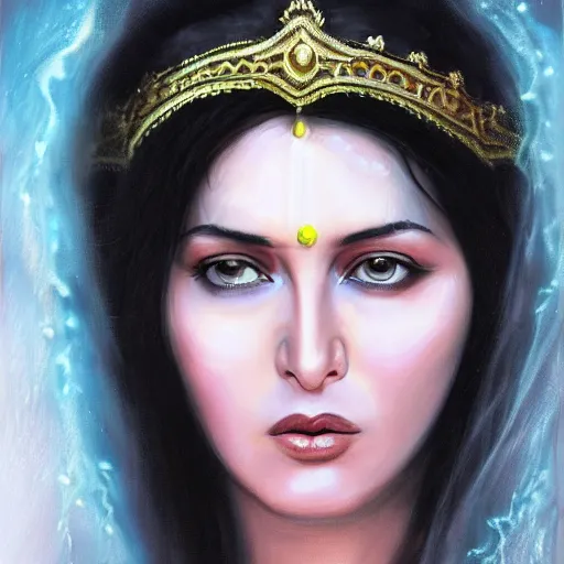 Image similar to India, magic, Beautiful face Portrait of crying young hindu Monica Bellucci, monstrous huge eyes, blue indygo thunder lightning, long wavy black hair, white veil, magic blue fire, closeup, focus face, dramatic lighting, intricate, India, wild, highly detailed, digital painting, artstation, concept art, smooth, sharp focus, illustration, art by artgerm and greg rutkowski and alphonse mucha, footage from space camera