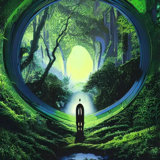 Image similar to portal in a middle of a lush futuristic forest, alien world seen through a portal, person in a cloak standing in front of a portal, syd mead, john harris