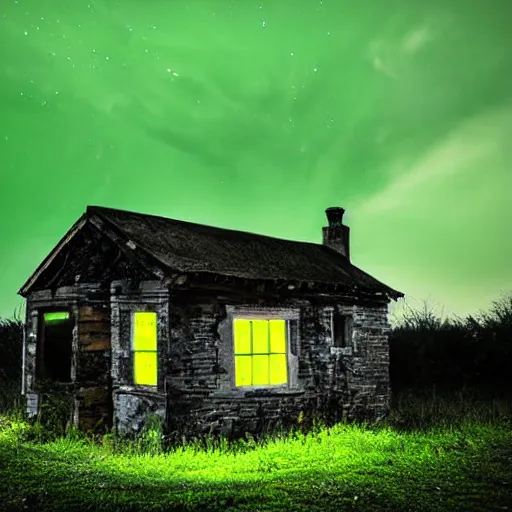 Prompt: abandoned cottage with green light emitting, night, the sky is black, dark, dark