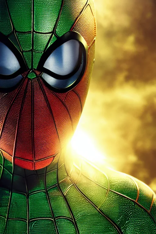 Prompt: green spider-man, character poster, dramatic lighting, atmospheric dust, red lens flare