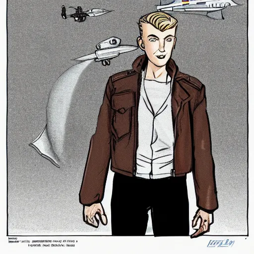 Image similar to character concept art of heroic square - jawed emotionless serious blonde handsome butch princely woman aviator, with very short butch slicked - back hair, wearing brown leather jacket, standing in front of small spacecraft, illustration, science fiction, retrofuture, highly detailed, ron cobb, mike mignogna