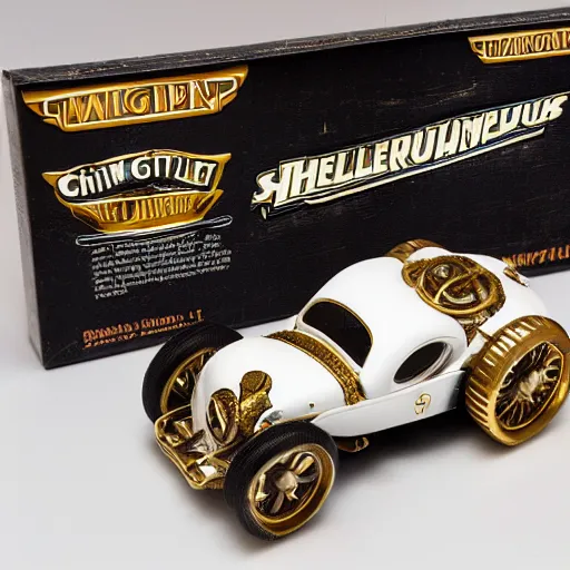 Prompt: 5 5 mm photo of metallic white steampunk shelby like hot wheels model with a gold city background
