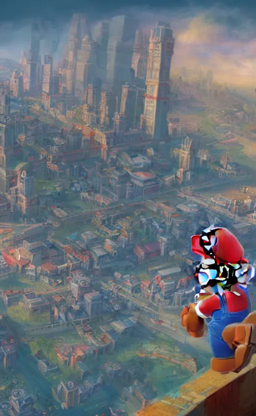 Image similar to a painting of mario, a city in the background, ultra detailed, high fantasy, 4 k, trending on artstation, cinematic, concept design