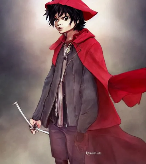 Image similar to attractive little boy character inspired in little red riding hood and michael jackson, digital artwork made by akihiko yoshida and makoto shinkai, anatomically correct, symmetrical, highly detailed, sharp focus, extremely coherent