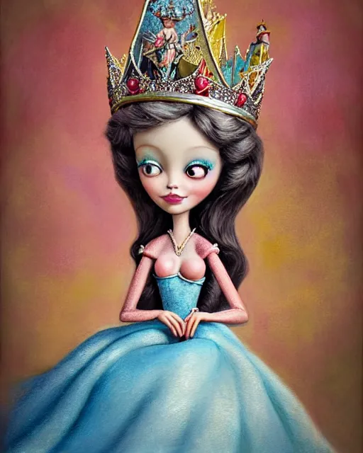 Image similar to closeup profile portrait of a tin toy fairytale princess wearing a crown and sitting on a throne, bikini, hyper realistic, artstation, illustration, concept art by nicoletta ceccoli, mark ryden, lostfish, dan decarlo, bob clampett, max fleischer, digital paint, matte paint, vivid colors, bright, cheerful, detailed and intricate environment
