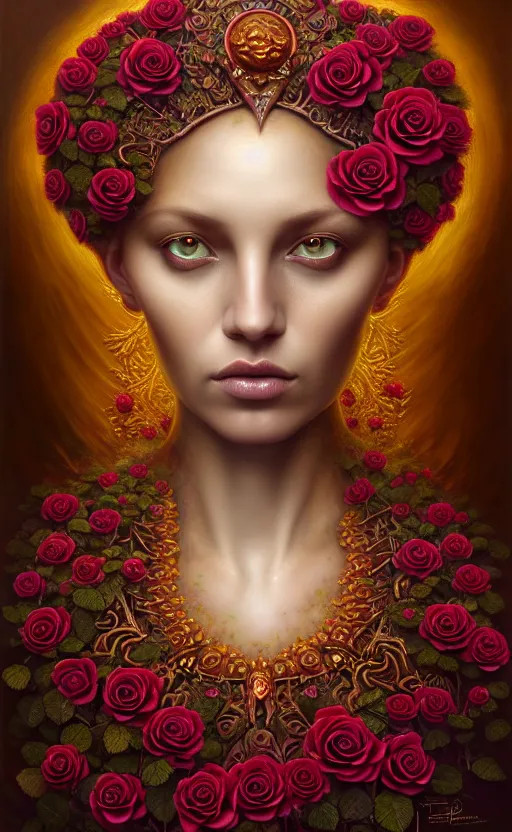 Prompt: portrait of a beautiful rose goddess, unusual beauty, esoteric, outher worldly colours, head in focus, fantasy art, ornamental rose turquoise aesthetics,, intricate, elegant, highly detailed hyperrealistic painting, artstation, concept art, painterly, golden ratio, sharp focus, illustration, art by tomasz alen kopera