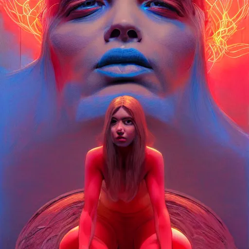 Image similar to Portrait Masterpiece, Wanda Maximoff, furious, red and cyan, glowing, wires everywhere, by Edgar Maxence and Ross Tran, Zdzisław Beksiński, and Michael Whelan, distant, gustav dore, H.R. Giger, 8k, octane render