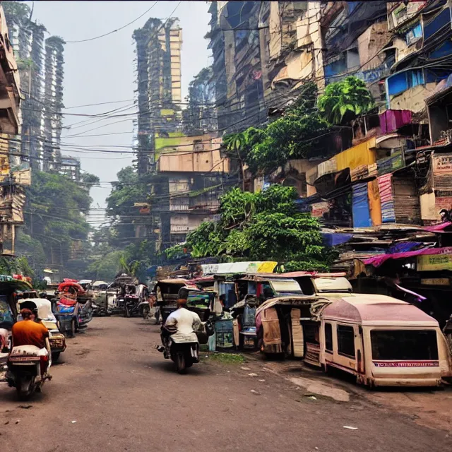 Image similar to streets of mumbai, 2 0 7 0, cyberpunk, mossy buildings, high fidelity, uncompressed png, indian caravans