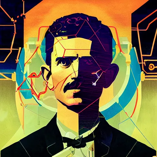 Prompt: majestic genius inventor nikola tesla profile picture by sachin teng, masterpiece, organic painting, matte painting, technical geometrical drawing shapes, lightning electricity coil, hard edges, graffiti, street art by sachin teng