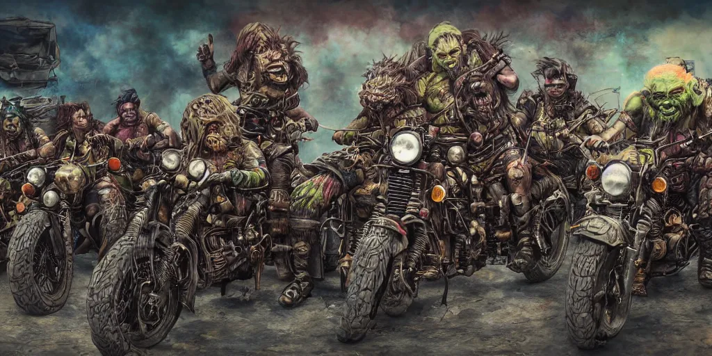 Image similar to psychedelic post apocalyptic orcish biker gang, incredibly detailed motorcycles, sharp focus, psychedelic colors, artstation, cgsociety