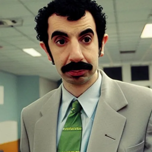 Prompt: “a still of Nathan Fielder as Borat in Borat (2007)”