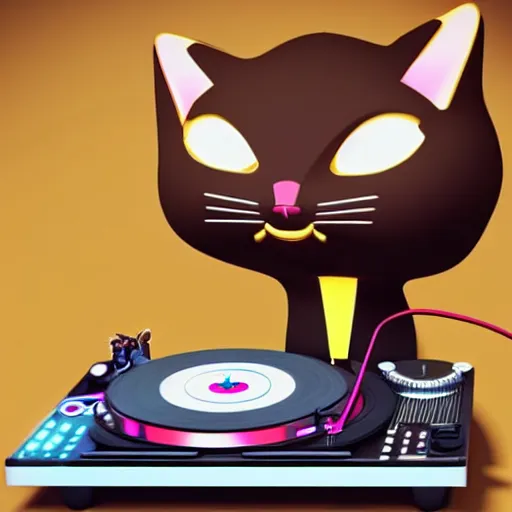 Prompt: anthropomorphic cat at a dj table spinning records, beautiful logo style, rendered in blender