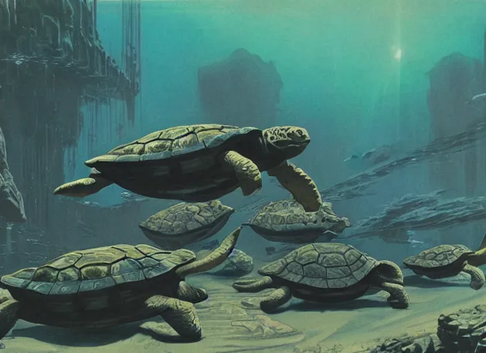 Image similar to mega turtles underwater in a ruined Atlantis art by Chesley Bonestell, cgsociety, retrofuturism, matte painting, reimagined by industrial light and magic