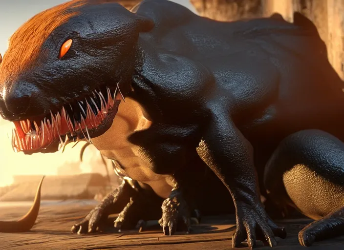 Prompt: venom fused with a capybara, ultra realistic 4 k unreal engine very cinematic render with ray tracing bloom ambient occlusion strong reflections depth of field fog