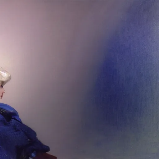 Image similar to a young woman's face, her hair is white and she wears a cobalt blue satin cloak, by ivan aivazovsky and syd mead and moebius and gaston bussiere and roger dean and pieter claesz and paul delaroche and alma tadema and willem claesz and gerard ter borch, hyperrealistic, volumetric light