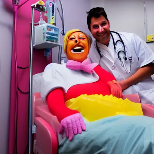 Image similar to photo of a happy patient and doctor or nurse in a hospital room made out of soft candy, candy hospital equipment, candy hospital room, candy treatments, oompa loompa virus, willy wonka pandemic