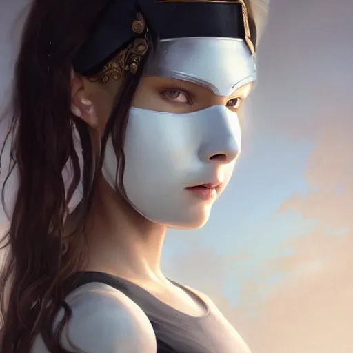 Image similar to 1 5 year old white girl with a white shirt that has one shoulder visible, wears black sports shorts and a golden mask on her face, intricate, highly detailed, digital painting, artstation, concept art, smooth, sharp focus, illustration, unreal engine 5, 8 k, art by artgerm and greg rutkowski and alphonse mucha