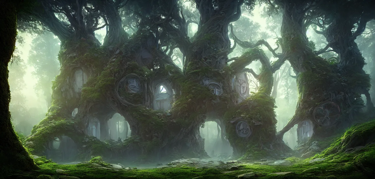 Image similar to random mystic forest giant house close - up fabulous portal, incredible, vector art, octane render, fabulous, hyper detailed, random cinematic view, no noise, global illumination, warm lighting, volumetric, godrays, vivid, beautiful, by jordan grimmer