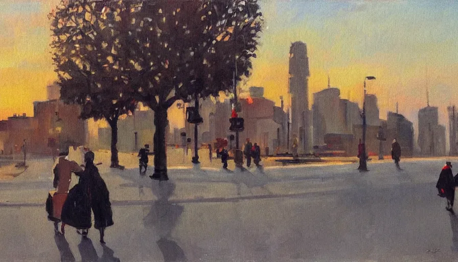 Image similar to painting by artemov leonid, evening landscape in the city and two people on the road