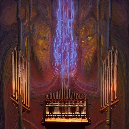 Image similar to hd, realistic anthropomorphic pipe organ, fantasy science fiction, glowing electric aura, by donato giancola and greg rutkowski and wayne barlow and zdzisław beksinski, realistic face, visible face, digital art, artstation, symmetry