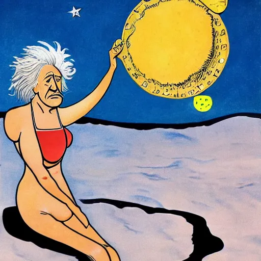 Prompt: Albert Einstein in a Bikini eating a Big Mac on the moon, high details, dali, comic, illustration