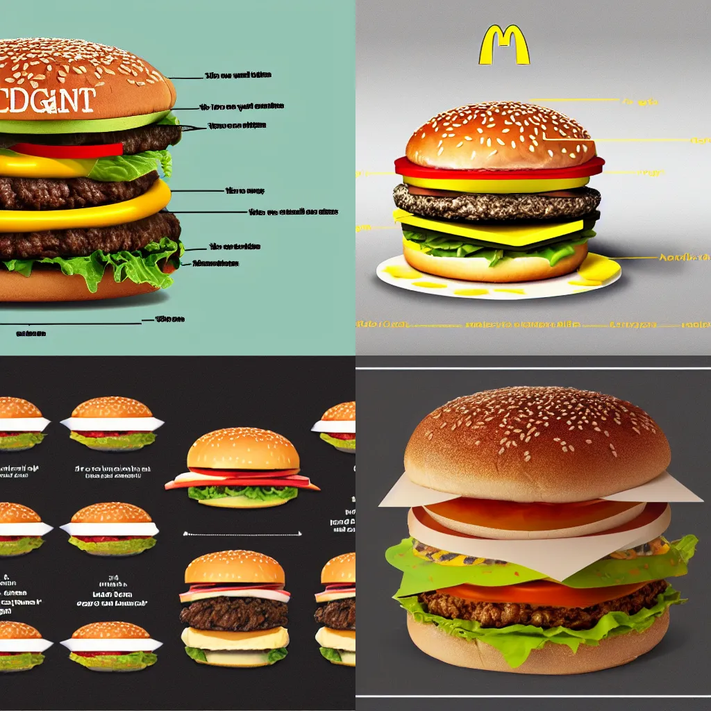 Prompt: diagram showing the content of a bigger mac hamburger from mcdonalds