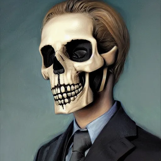 Prompt: Portrait of a suited blond with medical gloves and a skull face mask, by Gerald Brom and Kim Kyoung Hwan