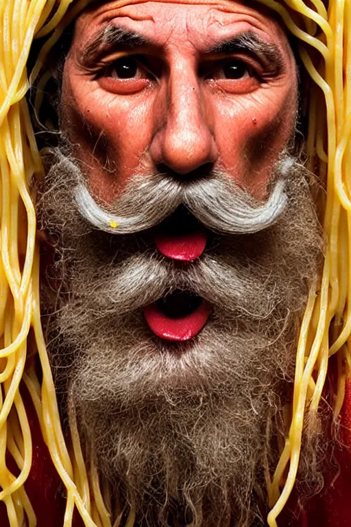 Image similar to extremely detailed portrait of old italian cook, spaghetti mustache, slurping spaghetti, spaghetti in the nostrils, spaghetti hair, spaghetti beard, huge surprised eyes, shocked expression, scarf made from spaghetti, full frame, award winning photo by jimmy nelson