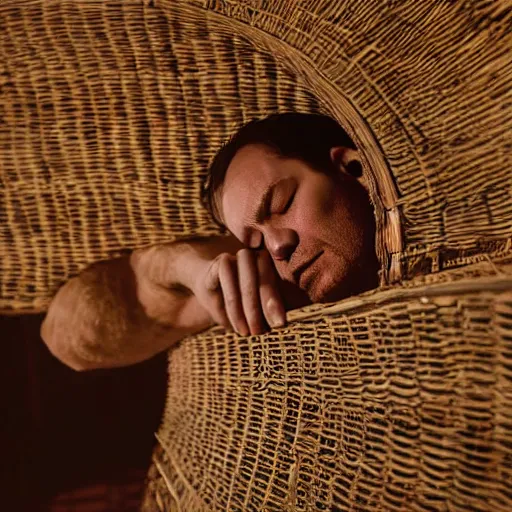Prompt: close - up of a priest sleeping in a wicker coffin, cinematic shot, photo still from movie by ari aster