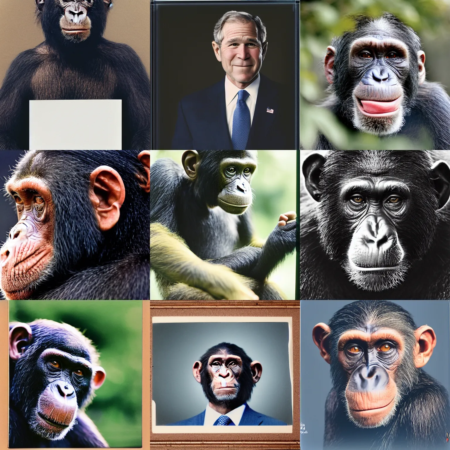 Prompt: George W Bush as a chimp, polaroid photograph, 4k, bokeh, depth of field